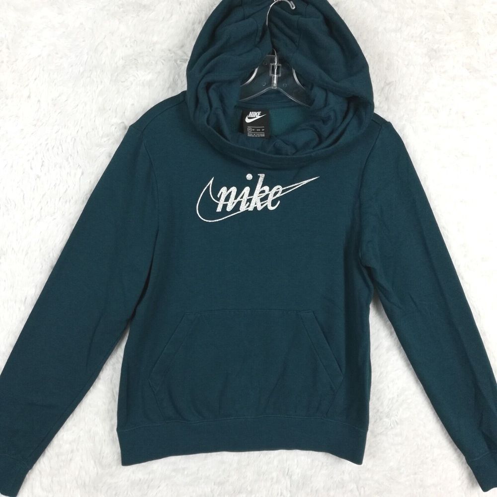 Nike Womens Sweatshirt Hoodie Cowl Neck Glitter Logo Swoosh Blue Teal Fleece XS